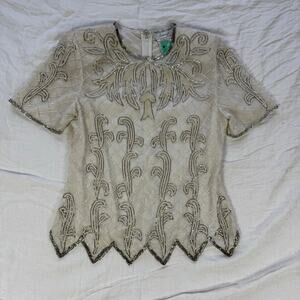 NWT Vintage 1980s 100% Silk Ivory and Grey Sparkly Beaded Blouse — Size M